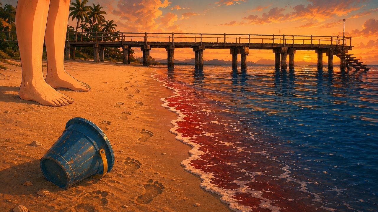 Flip, un niño de espaldas, construye un castillo de arena bicolor frente a un muelle de madera al atardecer.