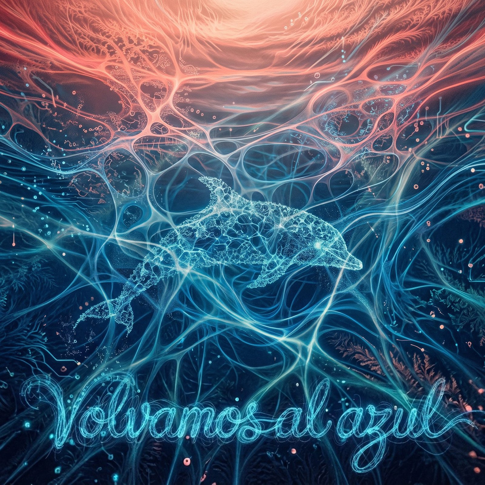 Portada de «Volvamos al Azul»: un delfín formado por una red de luz, entre corales y el trazo cursivo del título, en tonos rojos arriba y azules abajo.